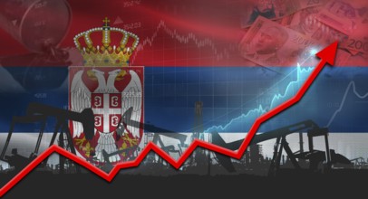 Oil pumps with Serbian flag. Oil production with Serbia flag, petrol industry
