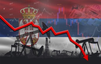 Petroleum crisis with Serbia flag on financial graph. Fall oil price with flag of Serbia on