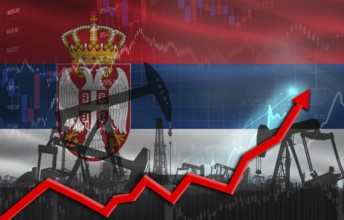 Oil production with Serbia flag, petrol industry. Oil pumps with Serbia flag