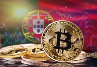 Bitcoin with Portugal flag in the background. Investors in cryptocurrency and Blockchain Technology
