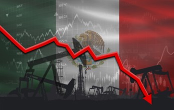 Petroleum crisis with Mexico flag on financial graph. Fall oil price with flag of Mexico on