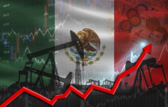 Oil production with Mexico flag, petrol industry. Oil pumps with Mexico flag