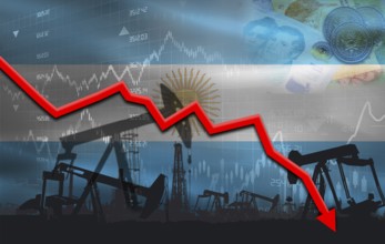 Petroleum crisis with Argentina flag on financial graph. Fall oil price with flag of Argentina on