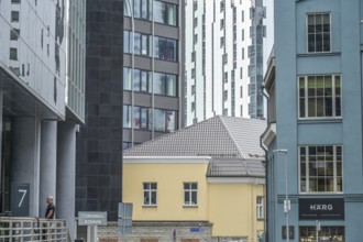 Modern office buildings, high-rise buildings, small old building, Maakri-Kvartal business district,