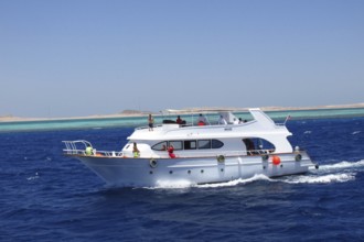 The snow-white yacht Hams, with a group of tourists on board, is enjoying a cruise on the Red Sea.