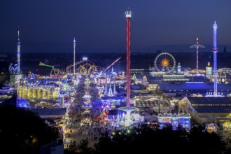 View of Oktoberfest from St. Paul's Catholic Church, Blue Hour, Munich, Bavaria, Germany