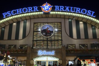 Pschorr festival tent at Oktoberfest, Bräurosl, night view, Munich, Bavaria, Germany