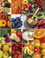 Food collage of various biological and organic fruits and vegetables, fresh healthy lifestyle, with