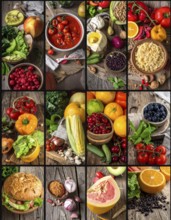 Food collage of various biological and organic fruits and vegetables, fresh healthy lifestyle, with