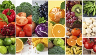 Food collage of various biological and organic fruits and vegetables, fresh healthy lifestyle, with