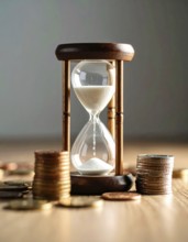 Hourglass and stacked golden coins, illustrating currency fluctuation and time impact commodities