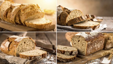 Collage of rustic loaf of whole grain bread, bread on dark rustic wooden table, great variety of