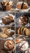 Collage of rustic loaf of whole grain bread, bread on dark rustic wooden table, great variety of