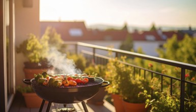 Cooking vegetables on grill on the balcony, healthy lifestyle, vegetarian barbeque, leisure time in