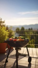 Cooking vegetables on grill on the balcony, healthy lifestyle, vegetarian barbeque, leisure time in