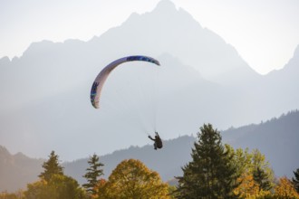 Paraglider floats against picturesque mountain scenery in autumnal weather and sunshine, Schwangau,