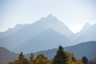 The sun shines over a mountain range lined with autumn trees, Schwangau, Ostallgäu, Allgäu, Swabia,