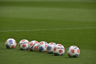 Adidas Derbystar game balls lie in a row on the lawn, PreZero Arena, Sinsheim, Baden-Württemberg,