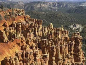 Close-up of textured red rock walls and sweeping views across green valleys, Bryce Canyon National