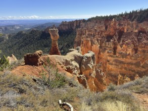 Tall stone pillars and red rocks in a spectacular canyon landscape in bright sunshine, Bryce Canyon