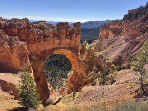 Natural stone arch in an impressive canyon landscape with views of dense forests and steep slopes,