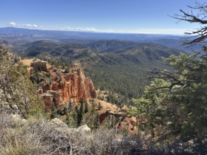 Panoramic view of a mountain landscape with characteristic red rocks and thick vegetation, Bryce