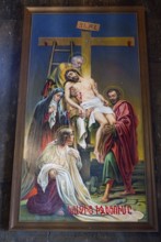 Traditional religious painting of Jesus' Descent from the Cross with several biblical figures, Khor