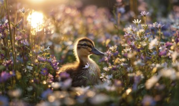 A duckling is sitting in a field of flowers. The sun is shining brightly on the scene, creating a