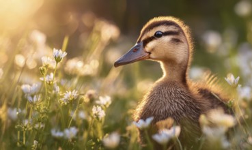 A duckling is sitting in a field of flowers. The duckling is small and brown, and it is surrounded