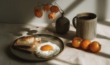 A plate of toast and eggs sits on a table next to a vase of flowers and a cup of coffee. The scene