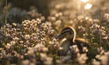 A duckling is sitting in a field of flowers. The scene is peaceful and serene, with the duckling