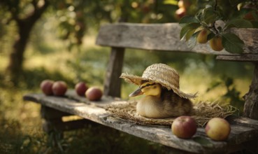 A duck wearing a straw hat is sitting on a bench with apples. The scene is peaceful and serene,
