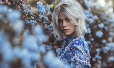 A woman is standing in a field of blue flowers. She is wearing a blue dress with floral patterns.