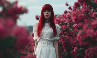 A woman with red hair stands in a field of pink flowers. Concept of beauty and serenity. AI