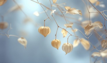 A branch with three yellow flowers and a blue sky in the background. The flowers are wilted and the