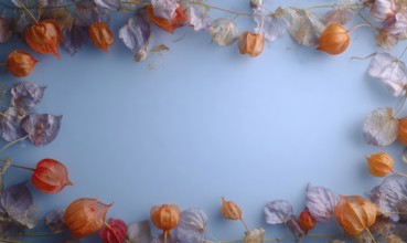 A blue background with a frame of orange and purple flowers. The flowers are arranged in a way that