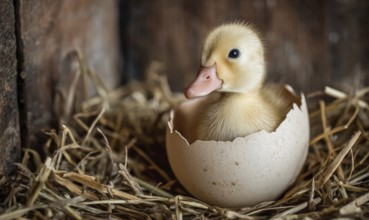 A baby duck is sitting in an eggshell. Concept of new life and growth, as the duck is just