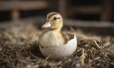A baby duck is sitting in an eggshell. Concept of new life and growth, as the duck is just