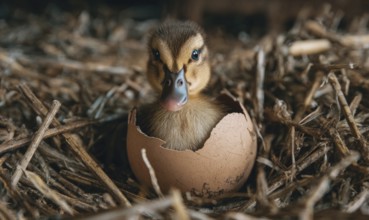 A baby duck is sitting in an eggshell. The eggshell is cracked open and the duck is peeking out. AI