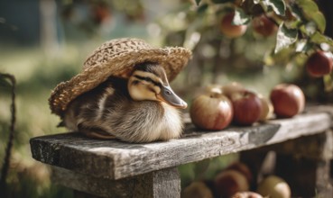 A duck wearing a straw hat is laying on a bench next to a pile of apples. The scene is peaceful and