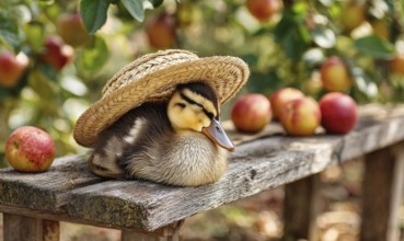 A duck wearing a straw hat is resting on a wooden bench next to a pile of apples. The scene is