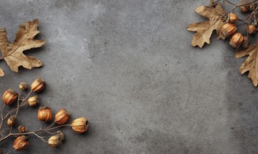 A grey background with a few leaves and some small orange fruits. The leaves are scattered around