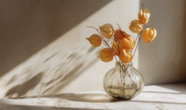 A vase of flowers sits on a table, with the sun shining on it. The flowers are orange and yellow,