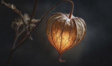 A flower with a yellow center and brown petals is shown in a dark background. The flower is the