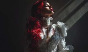 A woman with red hair and a white dress is standing in front of a window. The image has a moody and