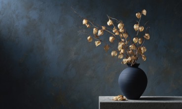 A vase of dried flowers sits on a table. The vase is black and the flowers are yellow. AI generated