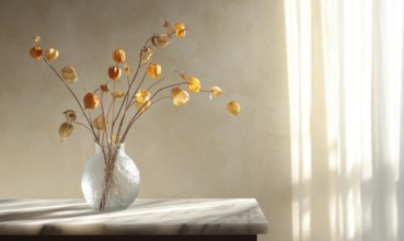 A vase of dried flowers sits on a table in a room with a window. The flowers are yellow and brown,