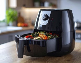 Air fryer with grilled vegetables, wooden table in the kitchen, healthy eating, healthy vegetarian