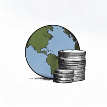 Green earth globe with silver coin stack symbolizing global finance economy and sustainable growth,