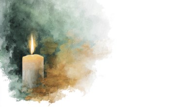 A candle is lit in a painting with a green background. The candle is the main focus of the